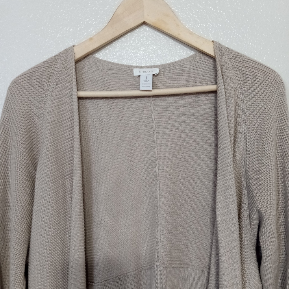 Chico's ribbed knit tan long sleeve open cardigan - Picture 9 of 11